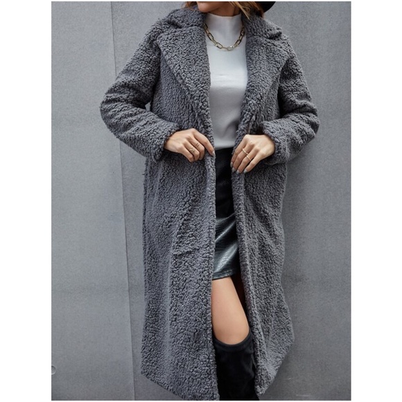 Cozy Charcoal Grey Teddy Button up Long Jacket Coat - Picture 6 of 6